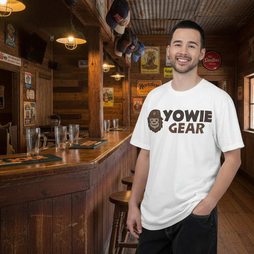 Man wearing a white t-shirt with 'Yowie Gear' logo on a white background