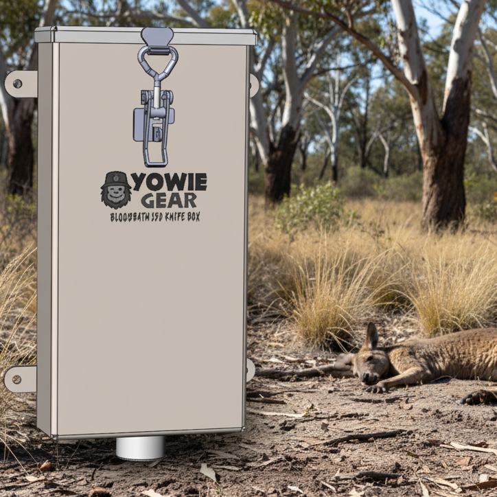 Yowie Gear knife box with a knife attached on a white background