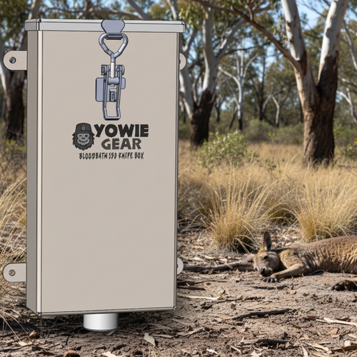 Yowie Gear knife box with a knife attached on a white background