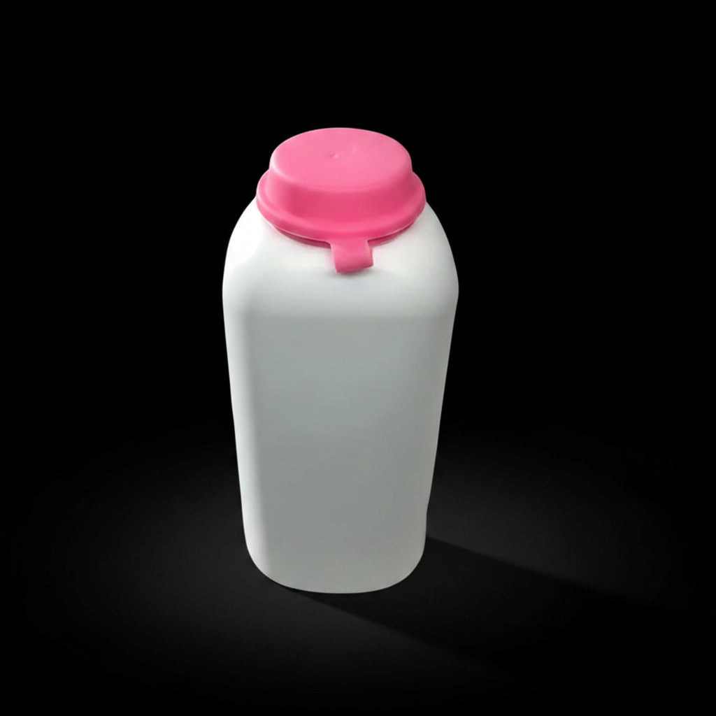 A talcum powder bottle with a bright pink cap 