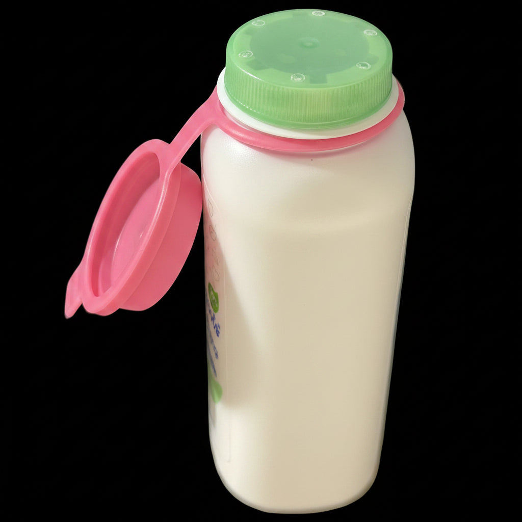 A baby powder bottle filled with white talc powder, featuring a pink flip-up lid that is open, stop powder leaking into your bathroom bag when travelling