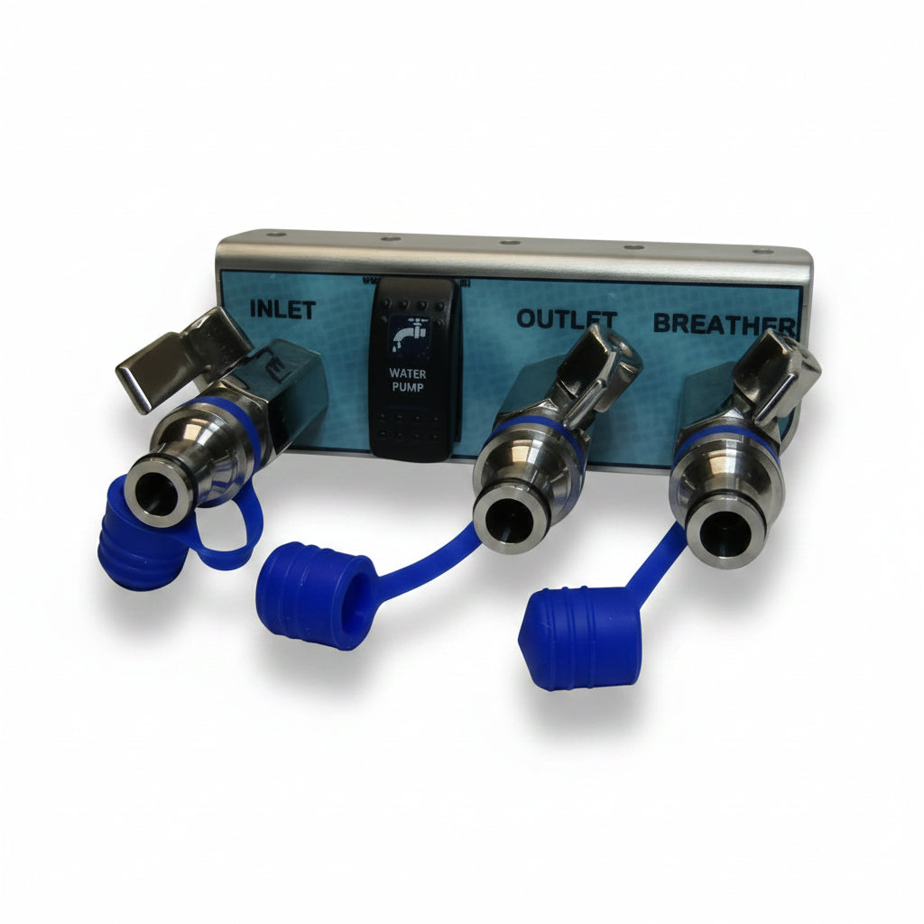A metal stainless tap assembly with three outlets, blue plastic caps, and a black water pump switch ideal for mounting on camper trailers and ute trays